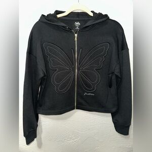 Justice Girl’s Black Embroidery Butterly Cropped Zip Up Hoodie Sweater